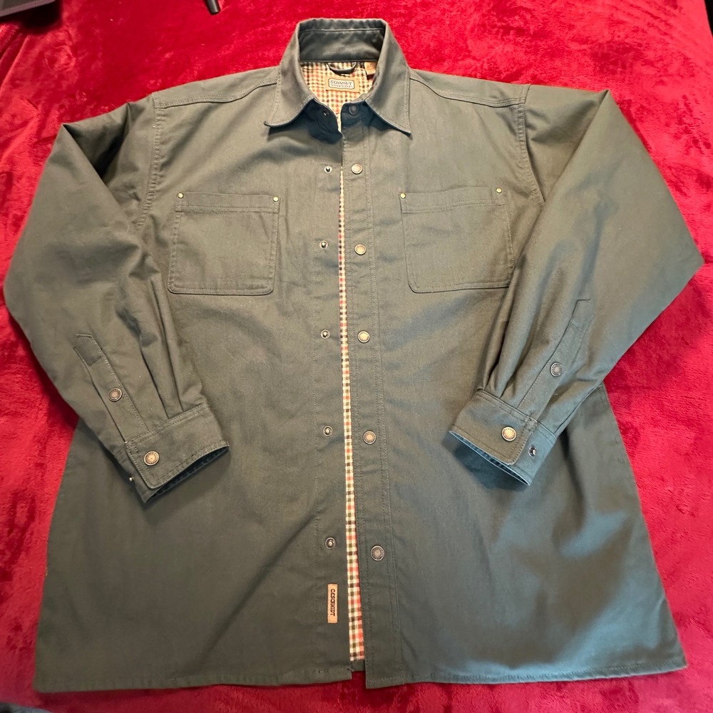 CE Schmidt Workwear Mens Large Green Flannel Lined Snap Front Shirt Jacket